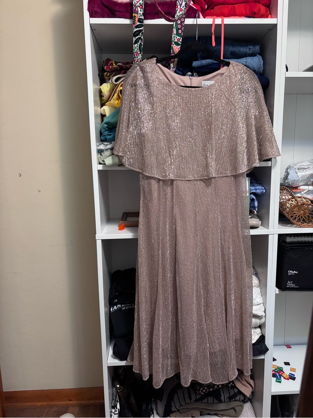 NWT J. Taylor Blush Metallic Midi Dress with faux Capelet